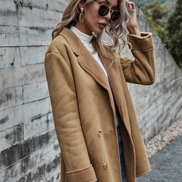 shearling lined vegan suede trench pea coat camel - Picture 3 of 7